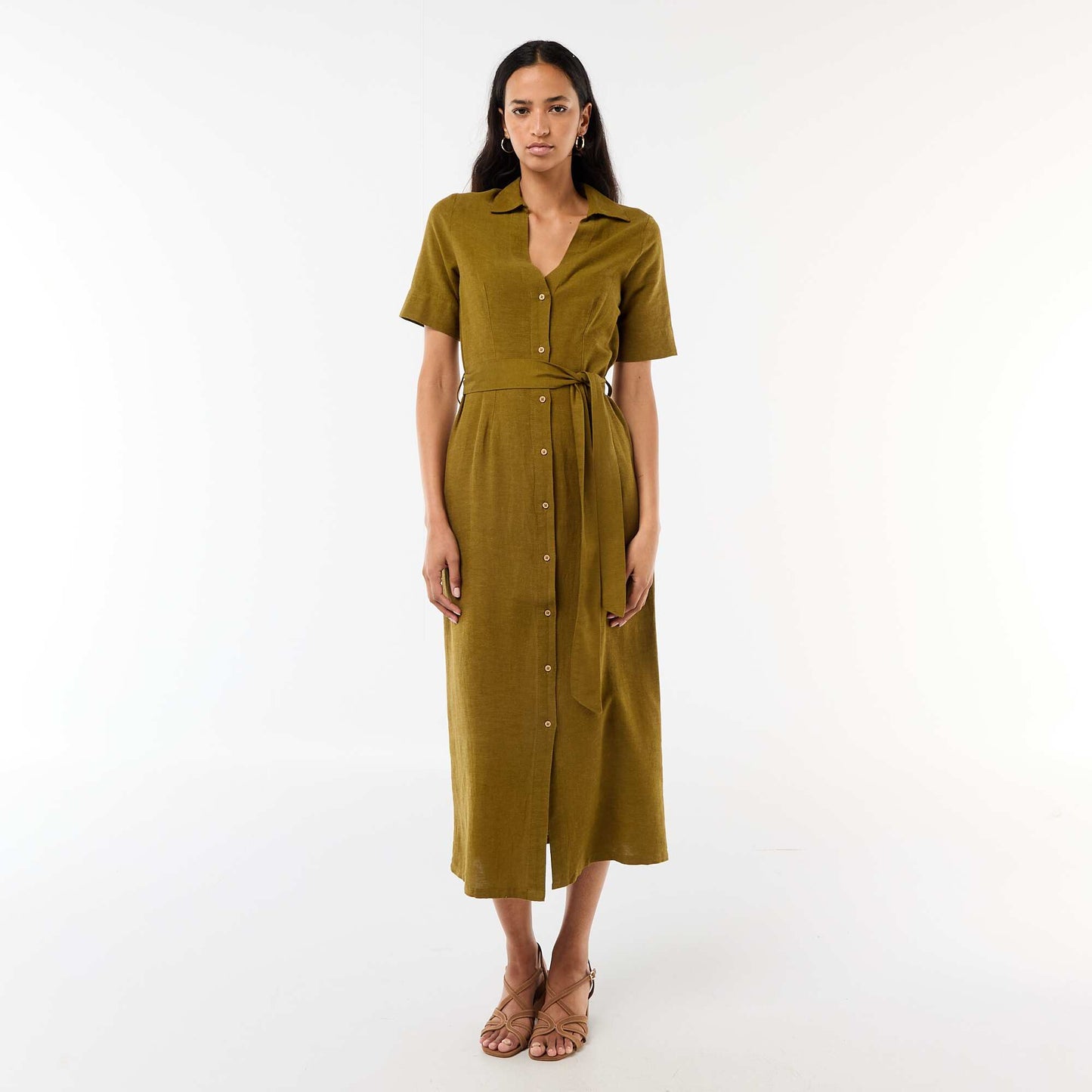 Robe chemise longue manches courtes en coton et lin VERT