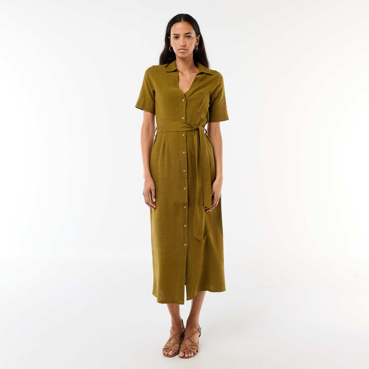 Robe chemise longue manches courtes en coton et lin VERT