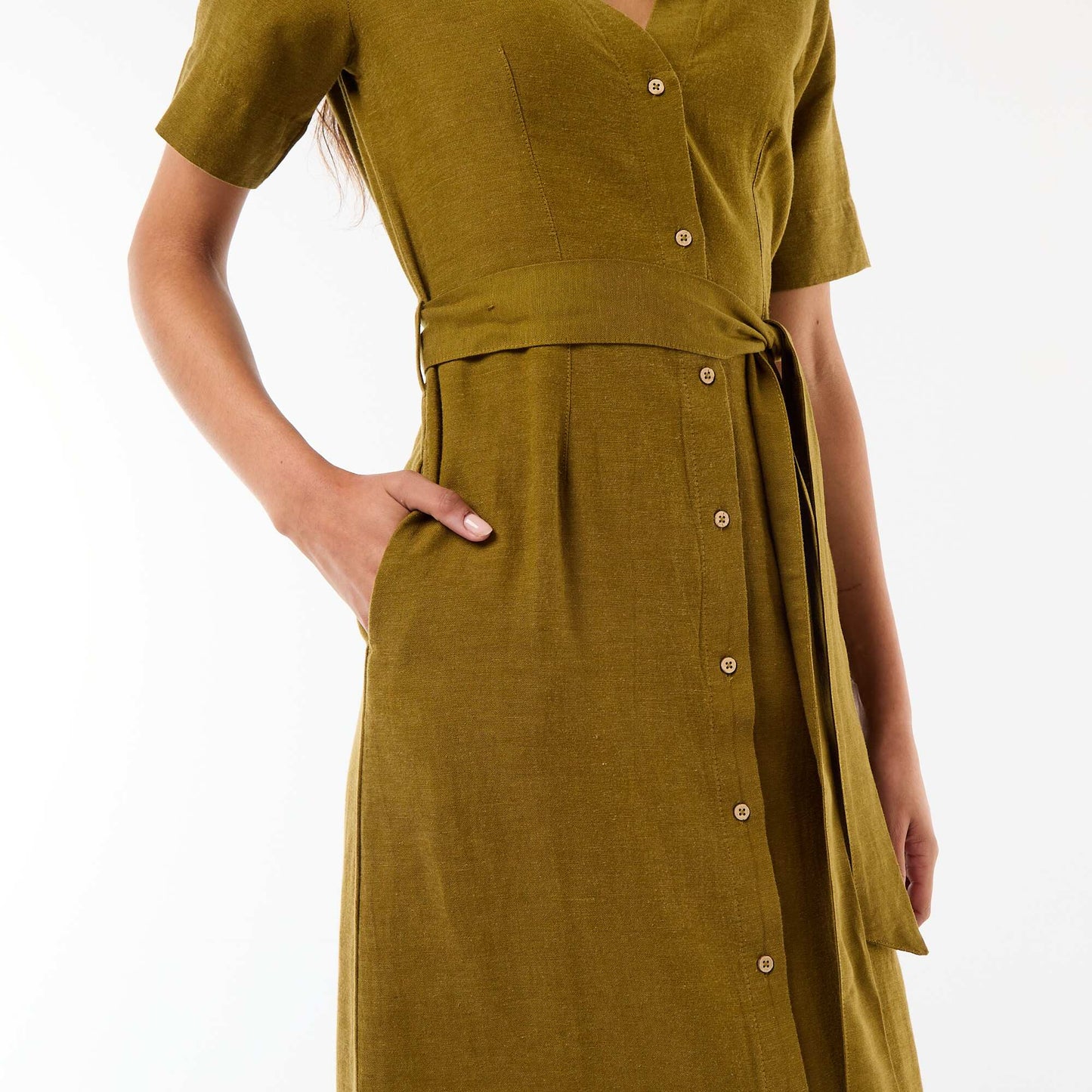 Robe chemise longue manches courtes en coton et lin VERT
