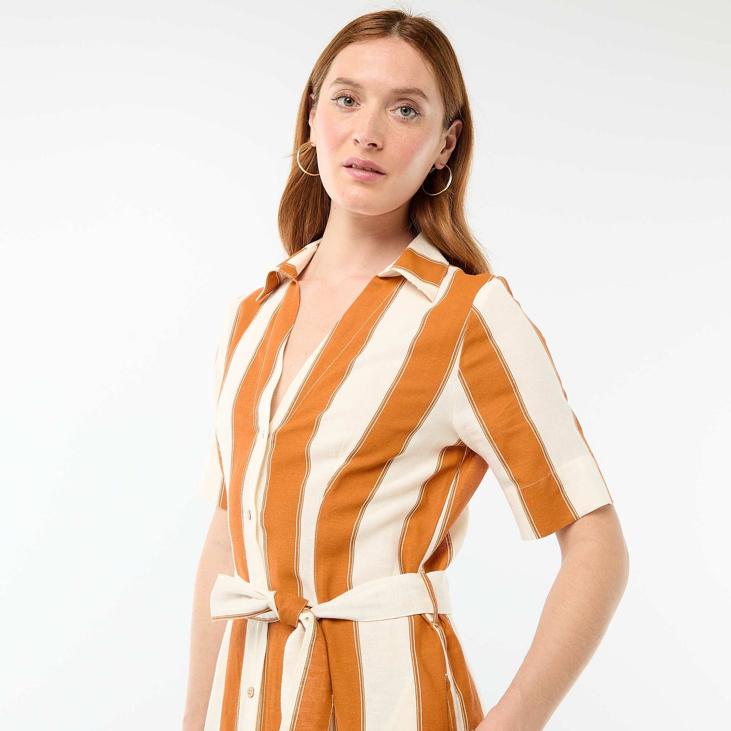 Robe chemise longue manches courtes en coton et lin ROSE