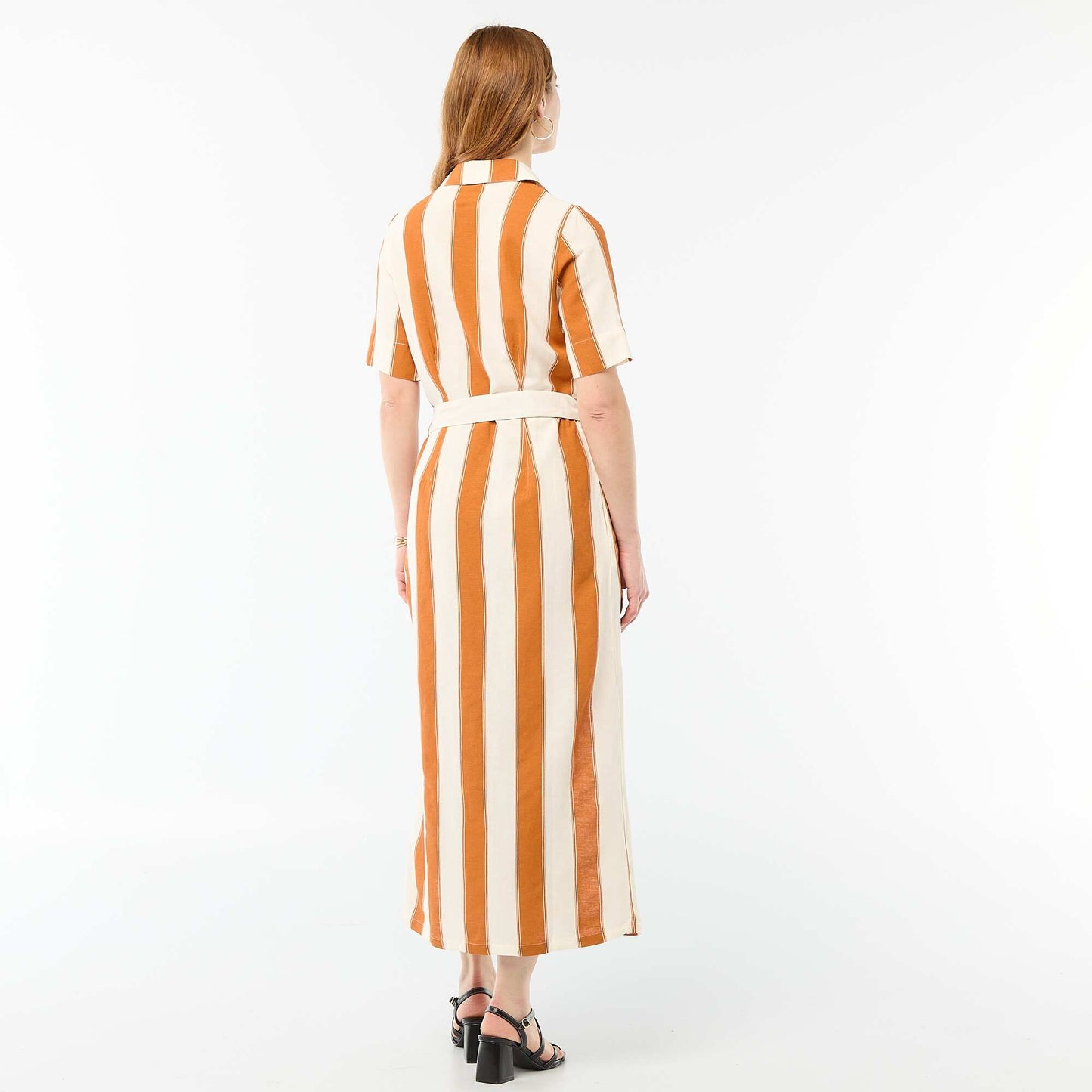 Robe chemise longue manches courtes en coton et lin ROSE