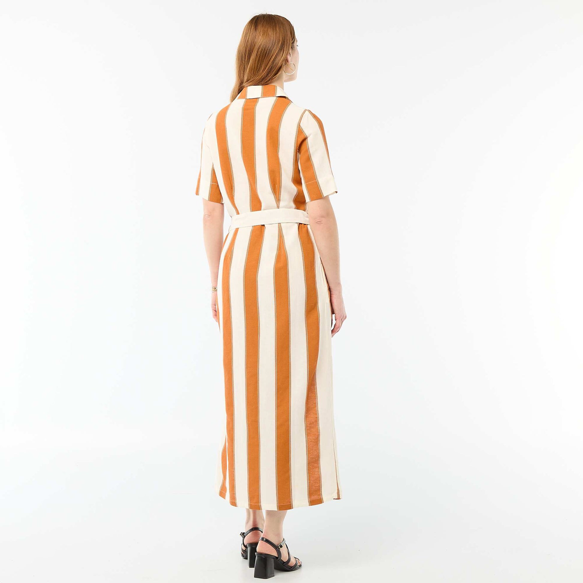 Robe chemise longue manches courtes en coton et lin ROSE