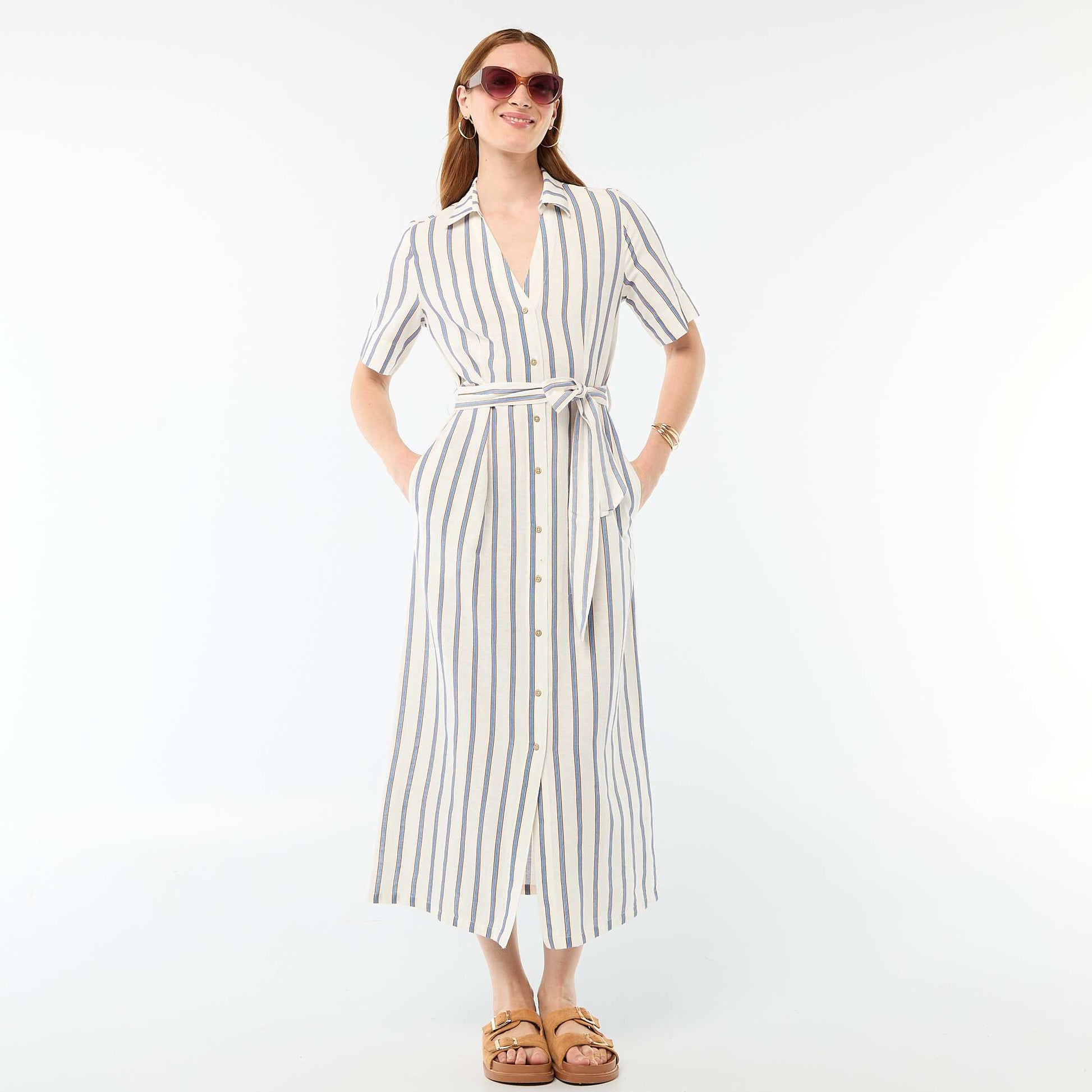 Robe chemise longue manches courtes en coton et lin MARRON
