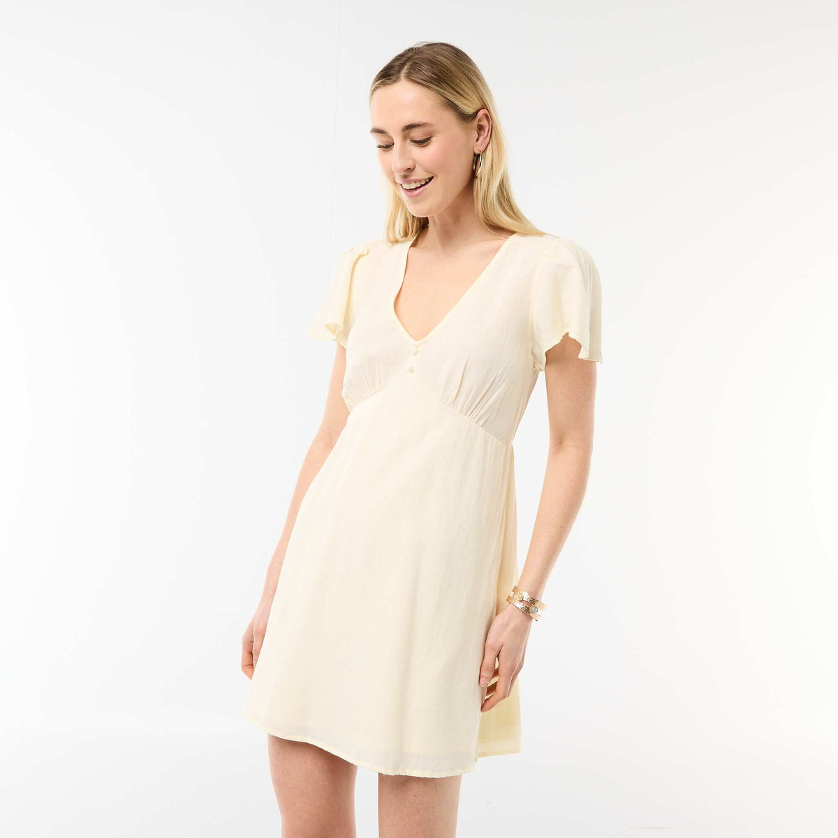 Robe courte manches papillons en coton et lin JAUNE