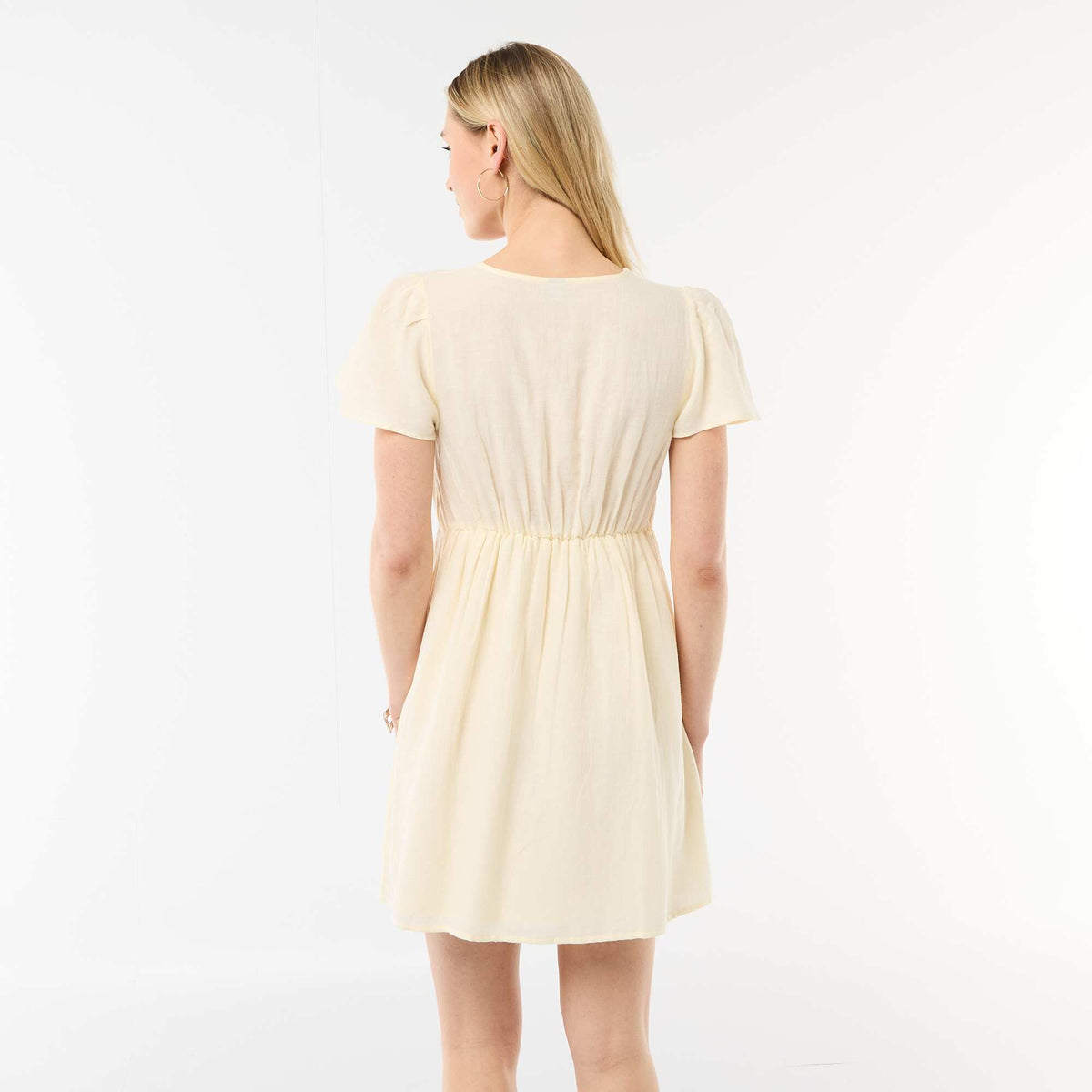 Robe courte manches papillons en coton et lin JAUNE
