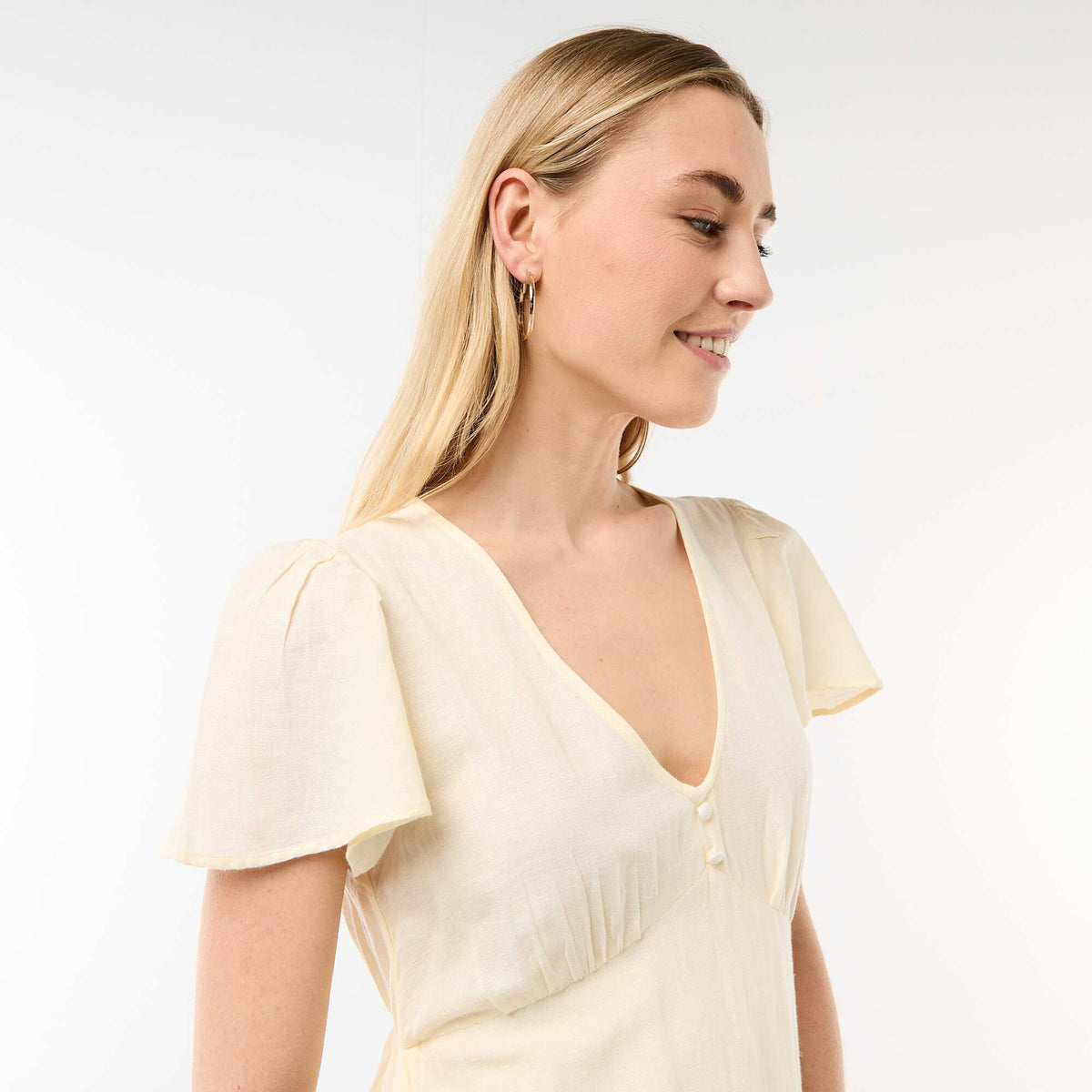 Robe courte manches papillons en coton et lin JAUNE
