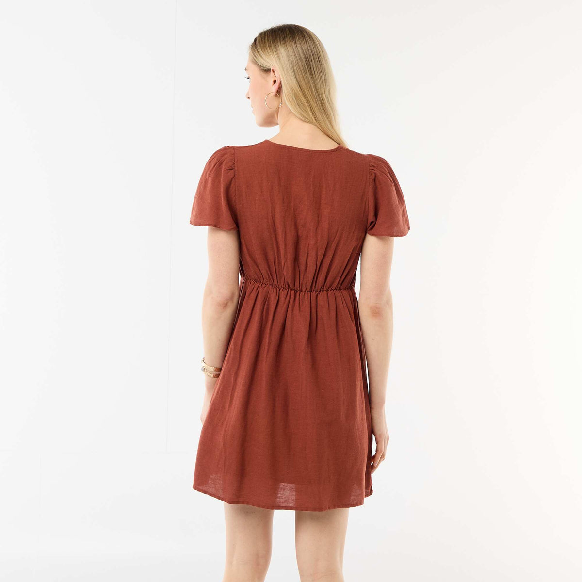 Robe courte manches papillons en coton et lin MARRON