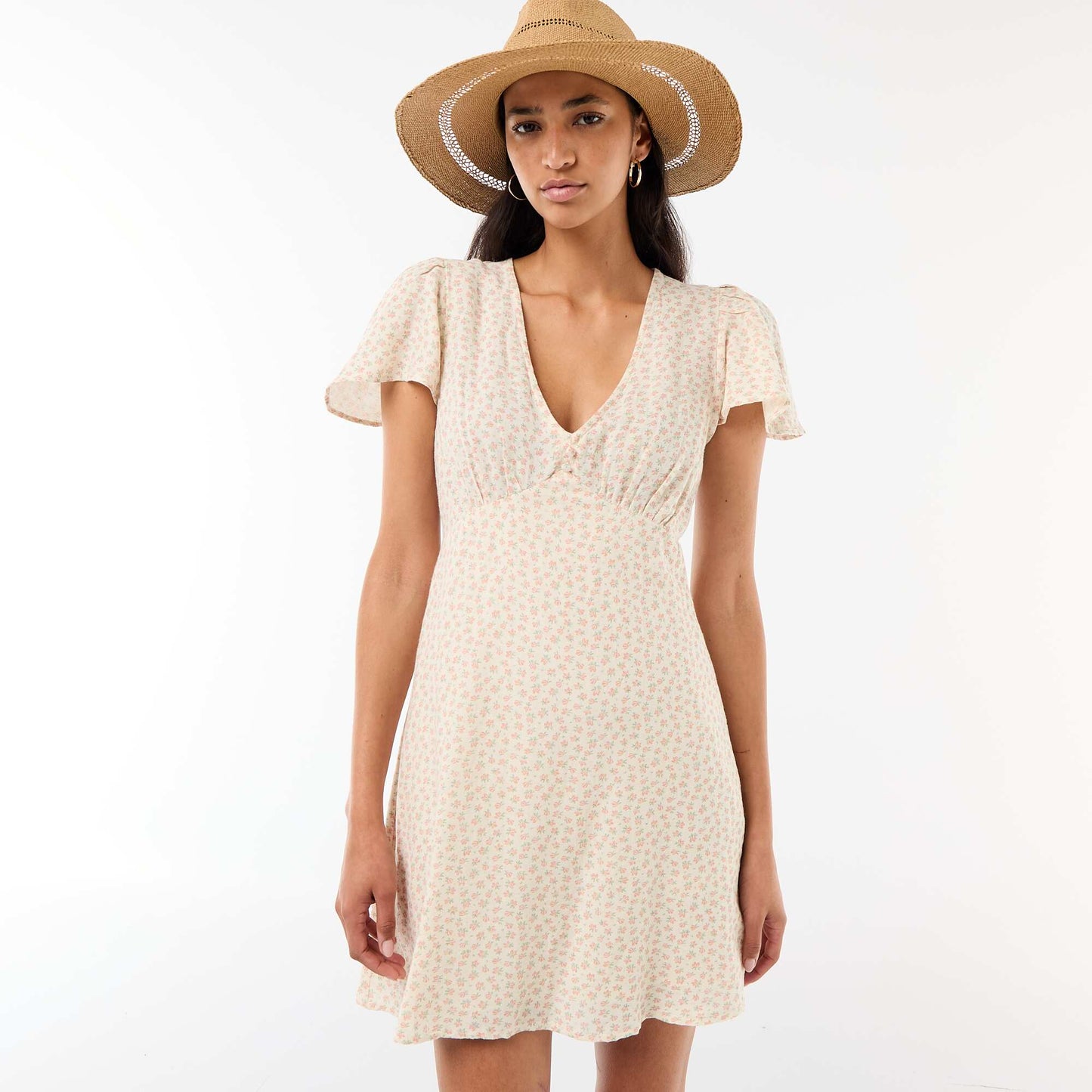Robe courte manches papillons en coton et lin BLANC