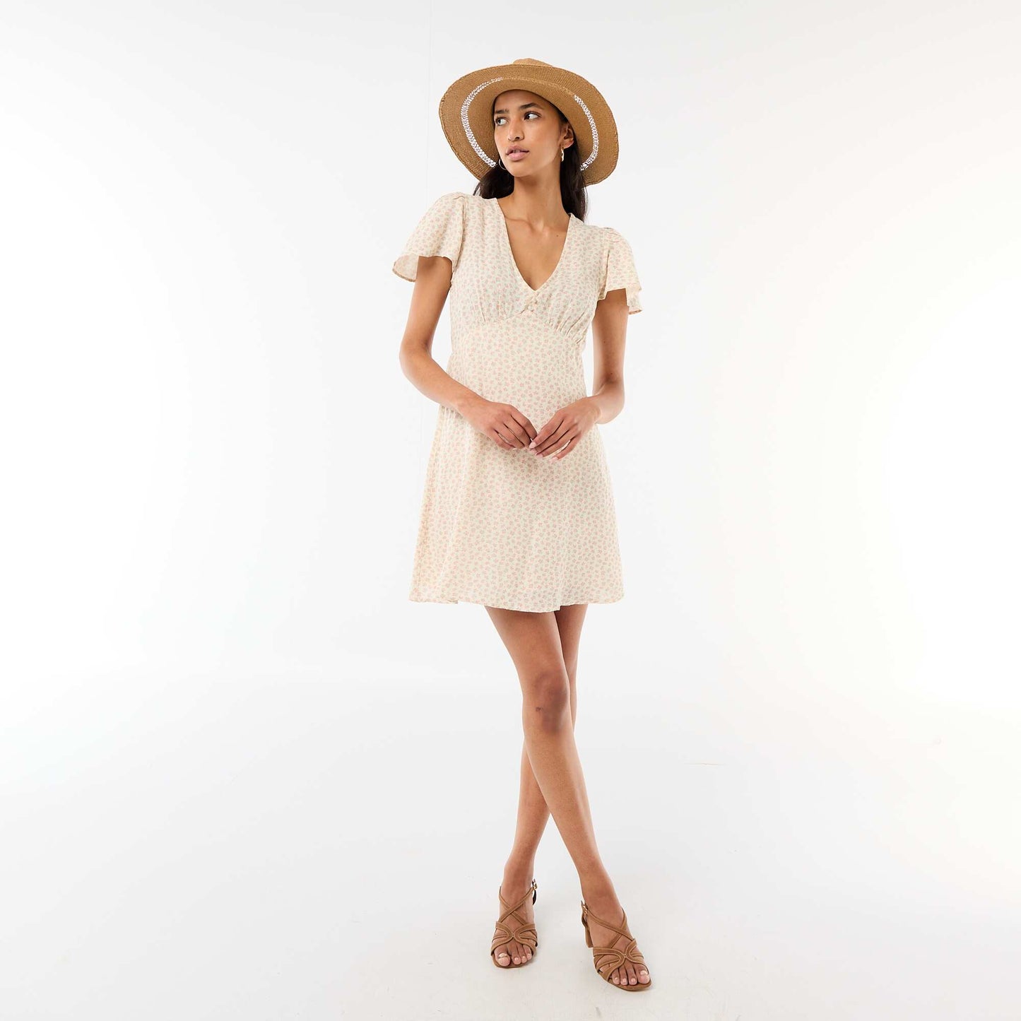 Robe courte manches papillons en coton et lin BLANC