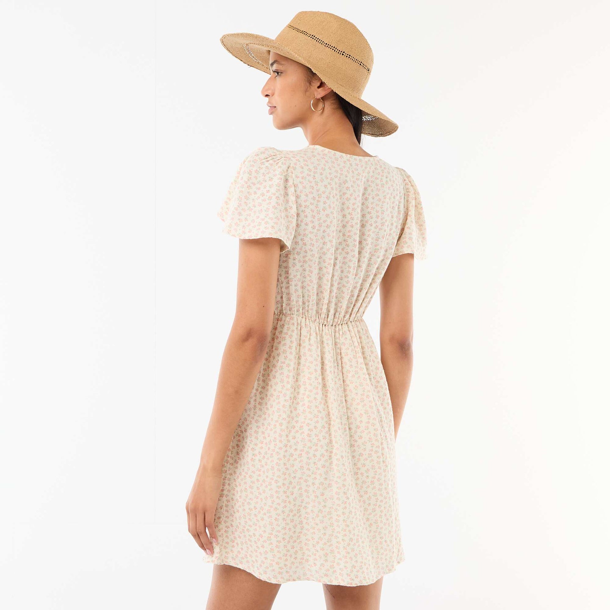 Robe courte manches papillons en coton et lin BLANC