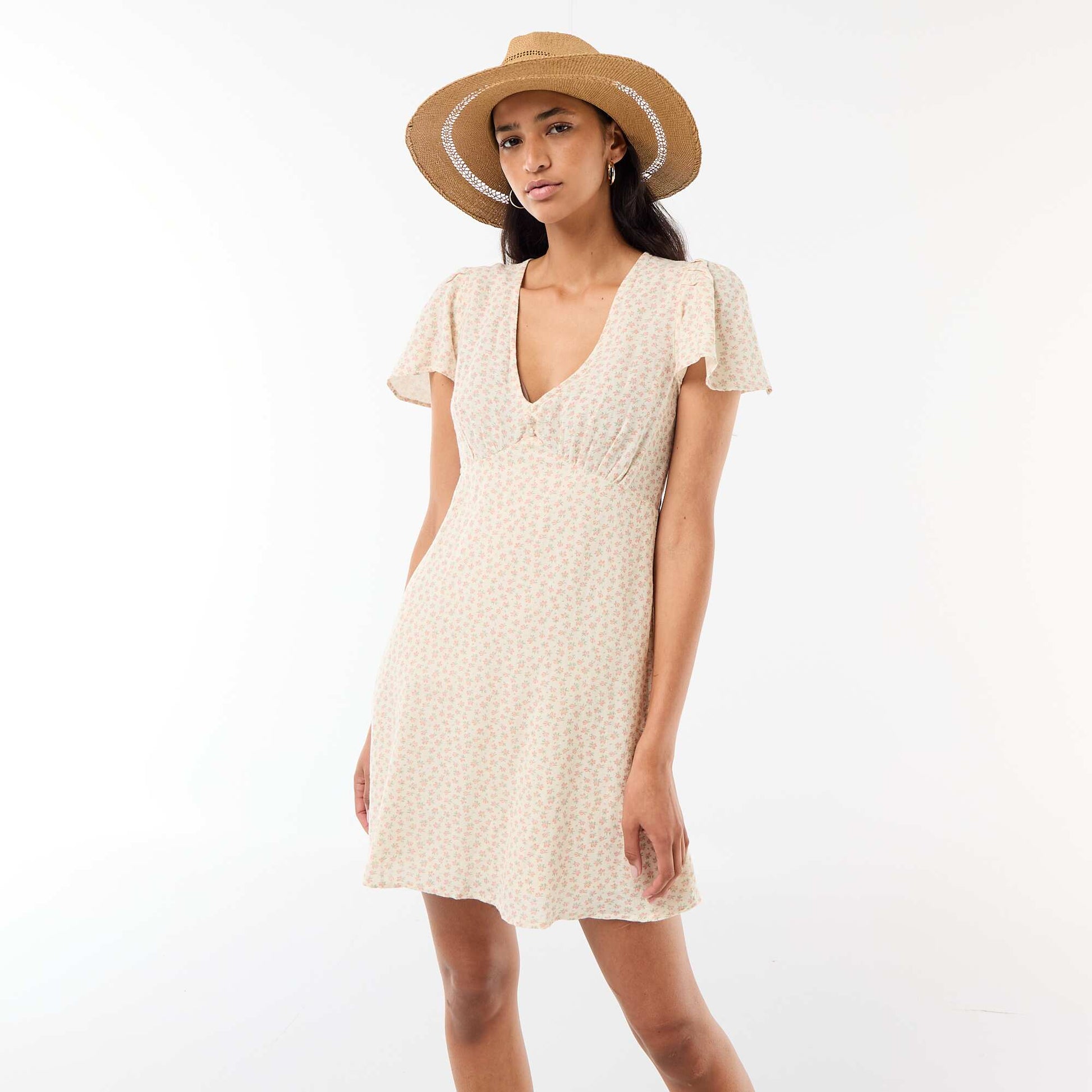 Robe courte manches papillons en coton et lin BLANC