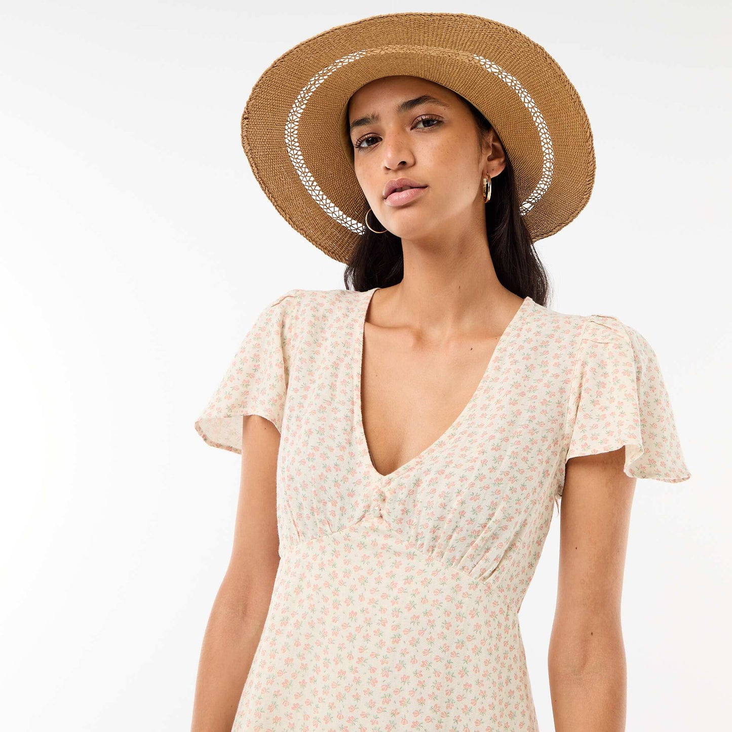 Robe courte manches papillons en coton et lin BLANC