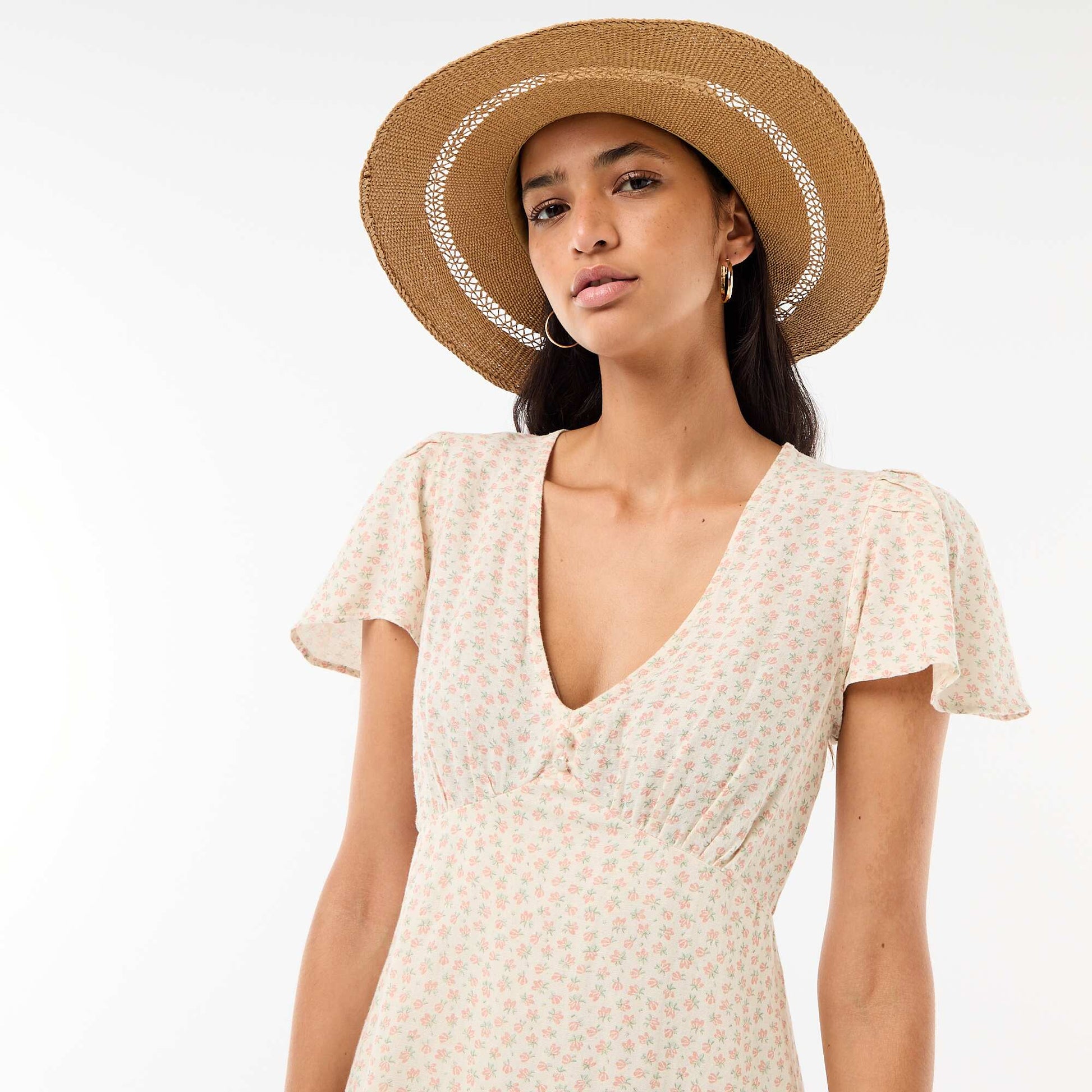 Robe courte manches papillons en coton et lin BLANC