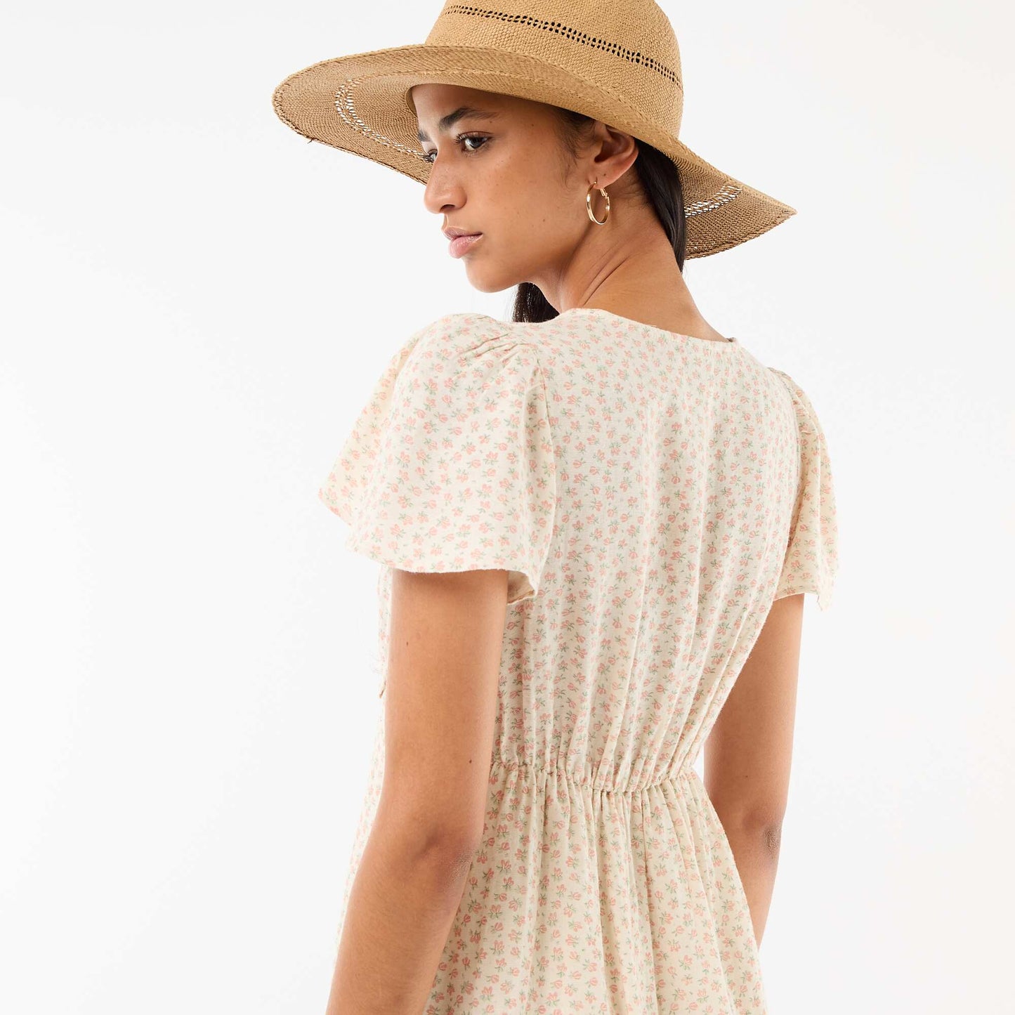 Robe courte manches papillons en coton et lin BLANC
