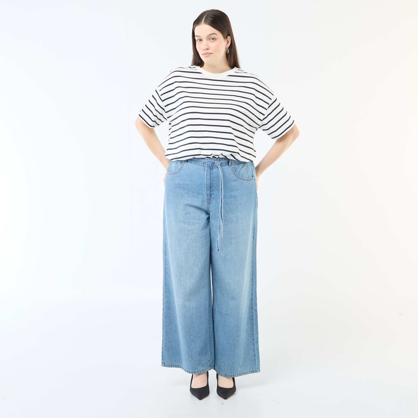 Pantalon denim / jean  taille basse et coupe large BLEU