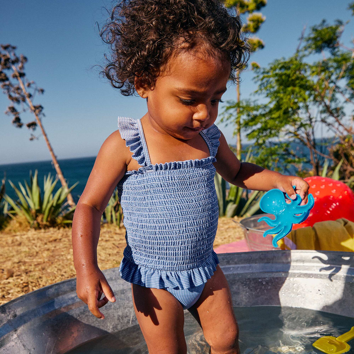 Maillot de bain 1 pièce smocké à volants BLEU