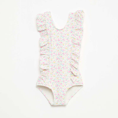 Maillot de bain à motif et volants BLANC