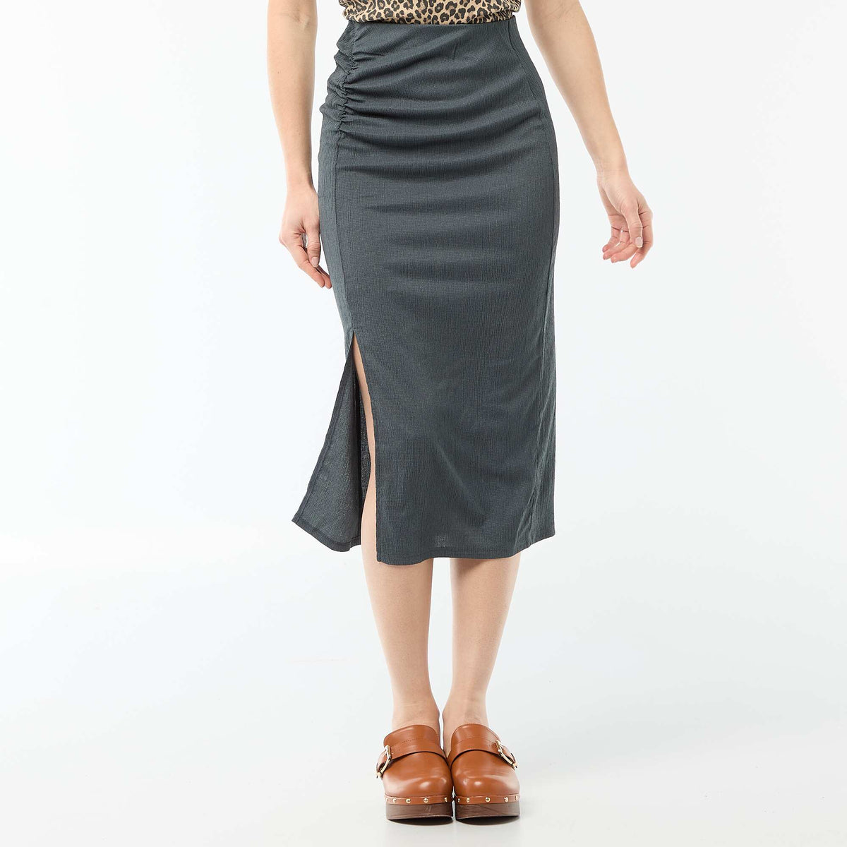 Jupe midi en maille texturée GRIS