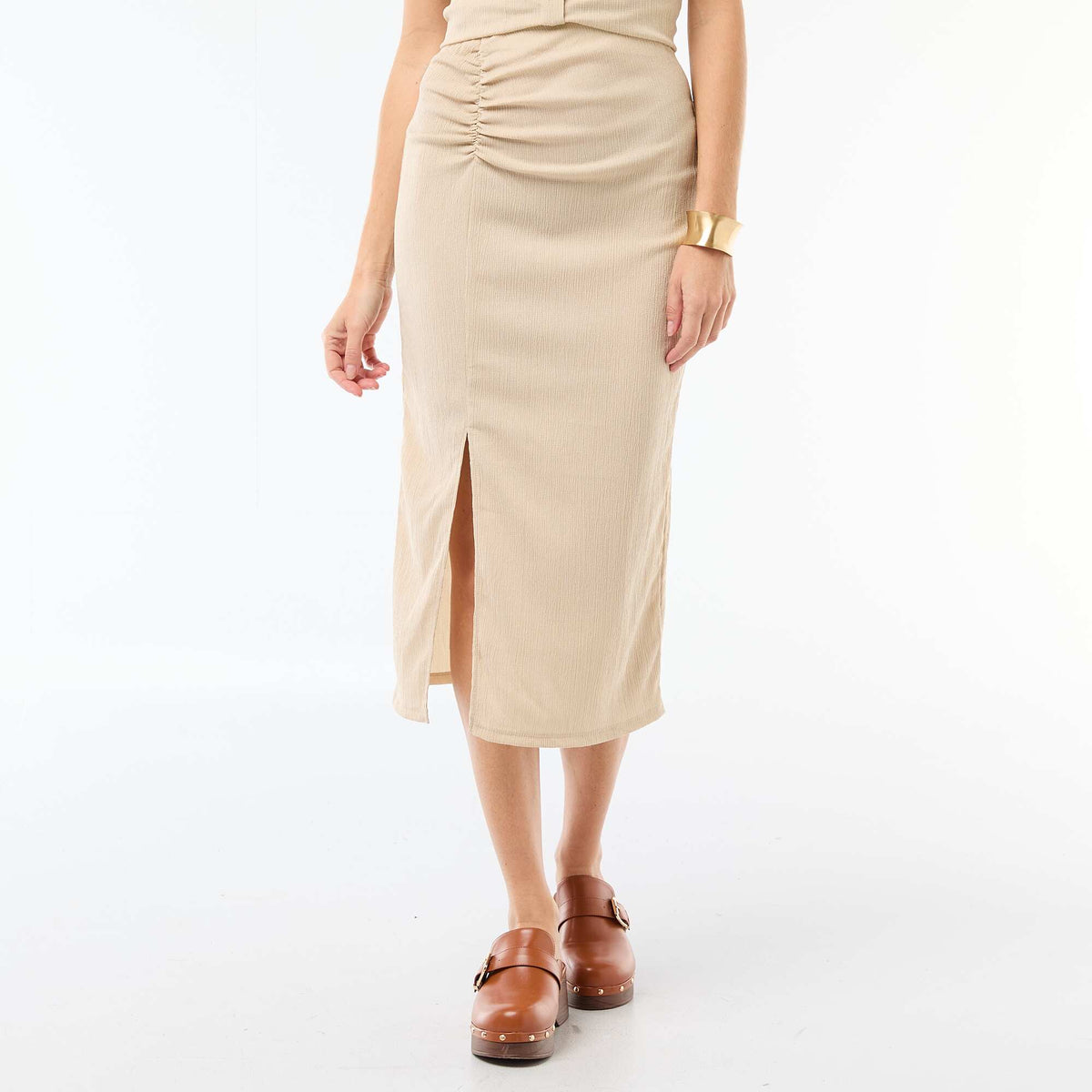Jupe midi en maille texturée BEIGE