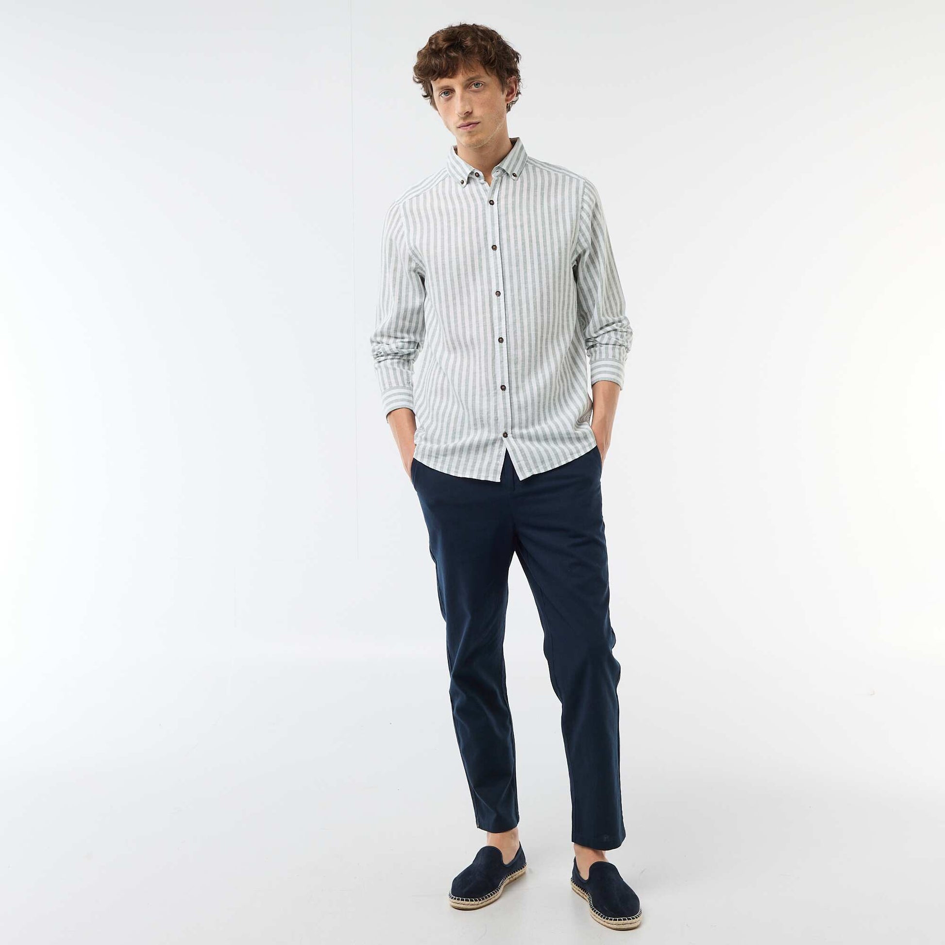 Pantalon chino regular en lin mélangé BLEU