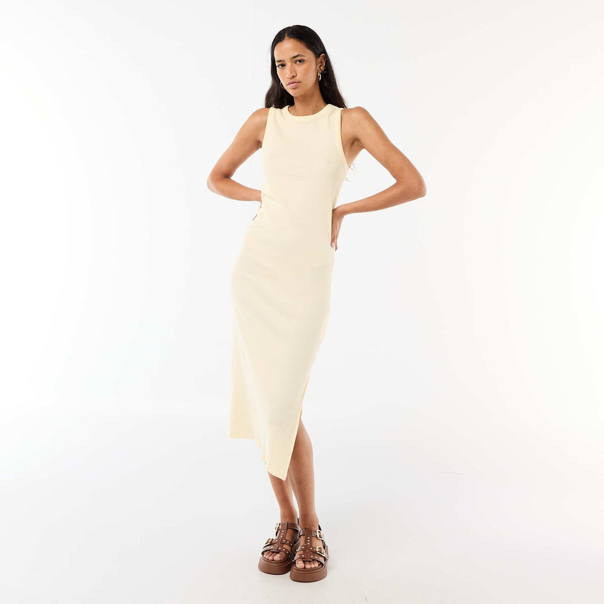 Robe midi côtelée sans manches JAUNE