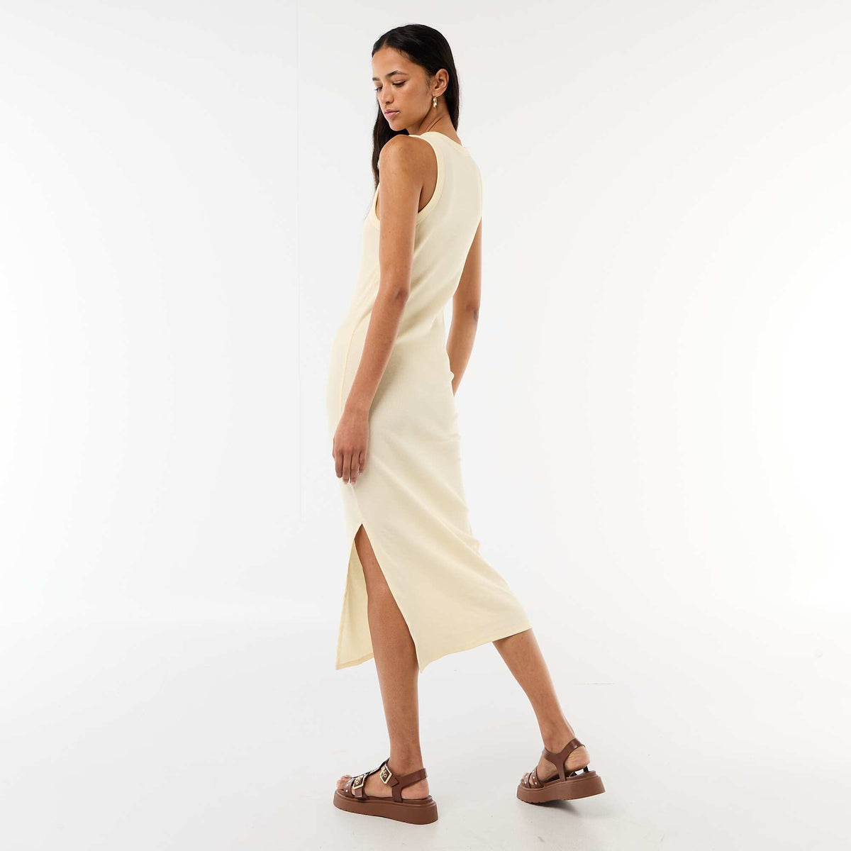 Robe midi côtelée sans manches JAUNE