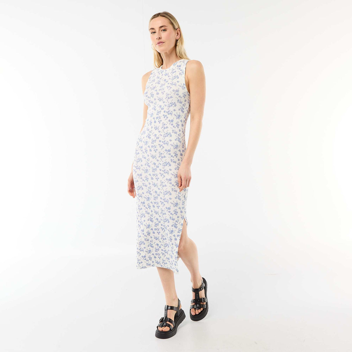 Robe midi côtelée sans manches BEIGE