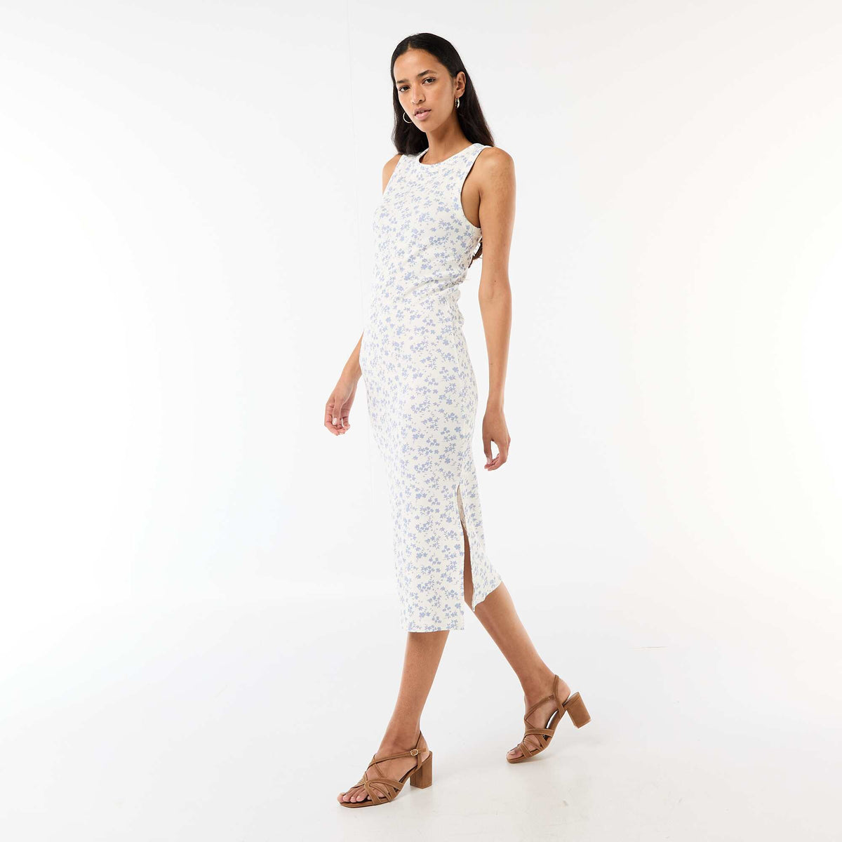 Robe midi côtelée sans manches BEIGE