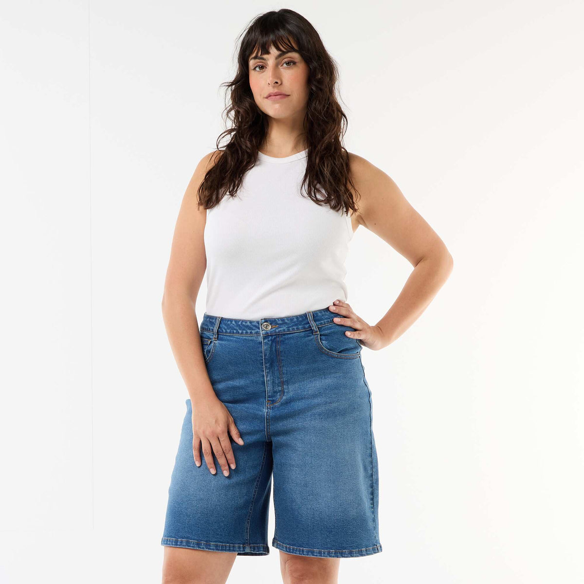 Bermuda en denim taille haute BLEU