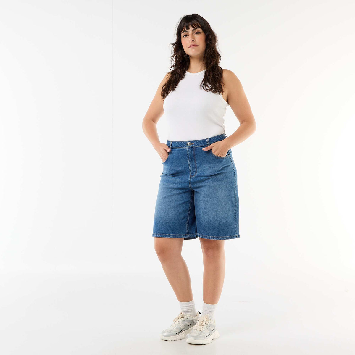 Bermuda en denim taille haute BLEU