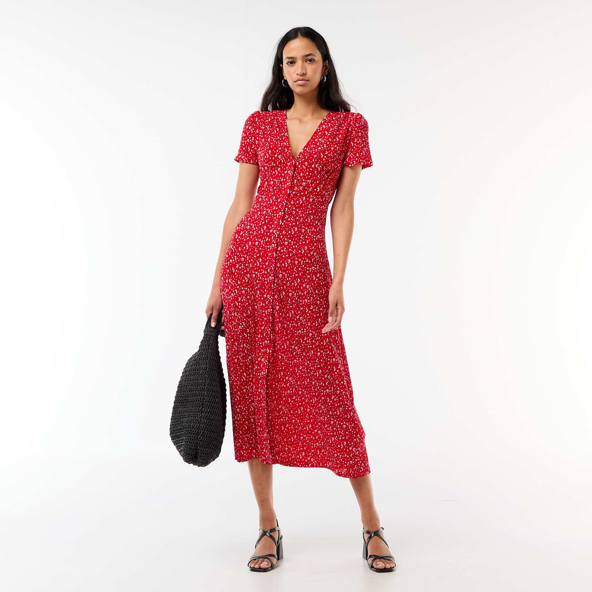 Robe longue imprimée all-over fine ROUGE