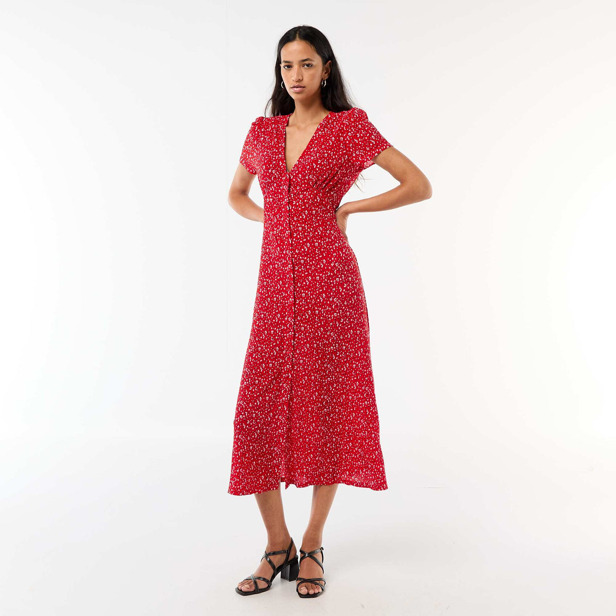 Robe longue imprimée all-over fine ROUGE