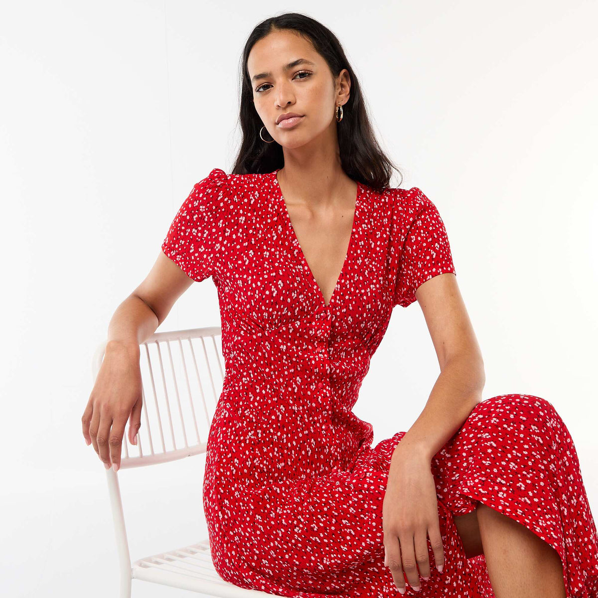 Robe longue imprimée all-over fine ROUGE