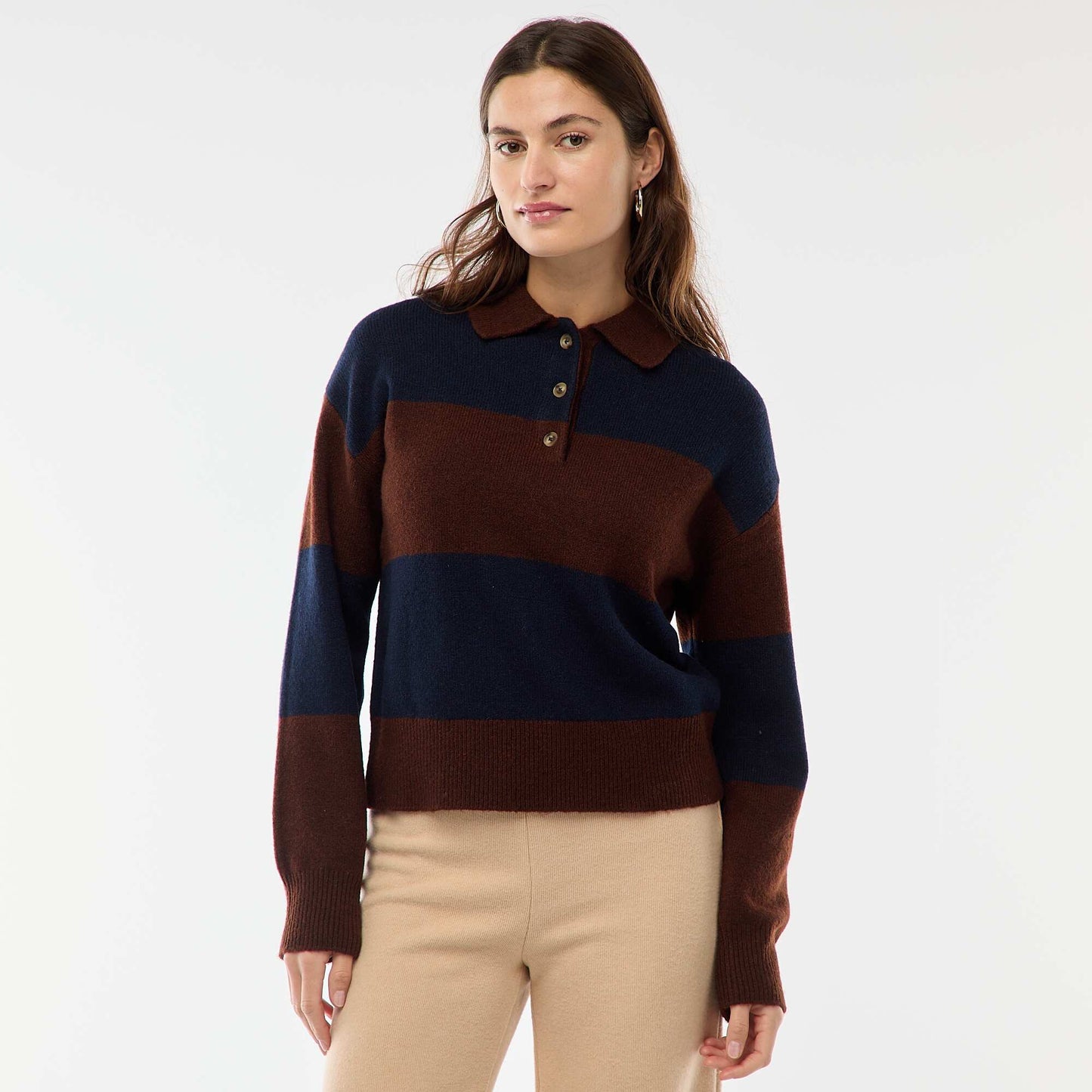 Pull en maille grosse jauge avec un col polo MARRON
