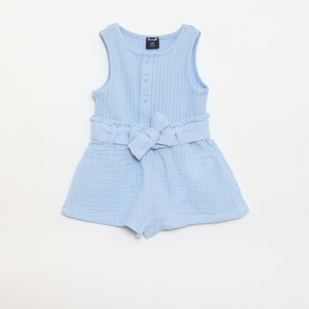 Combinaison short en double gaze de coton + ceinture à nouer BLEU