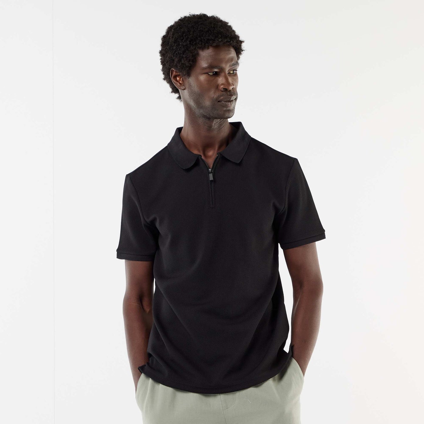 polo en nid d'abeilles avec col zippé NOIR