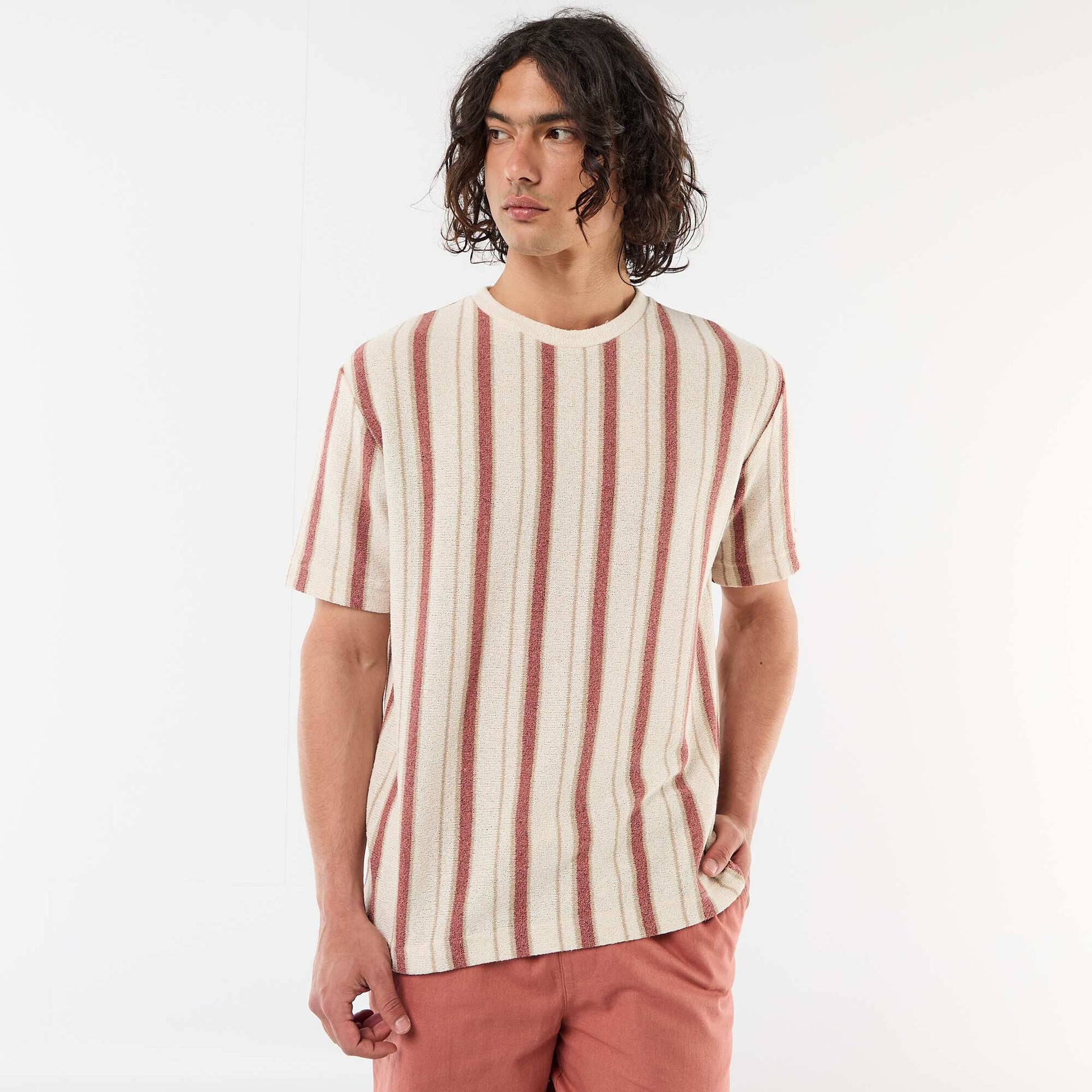 T-shirt en maille tricot à manches courtes BEIGE