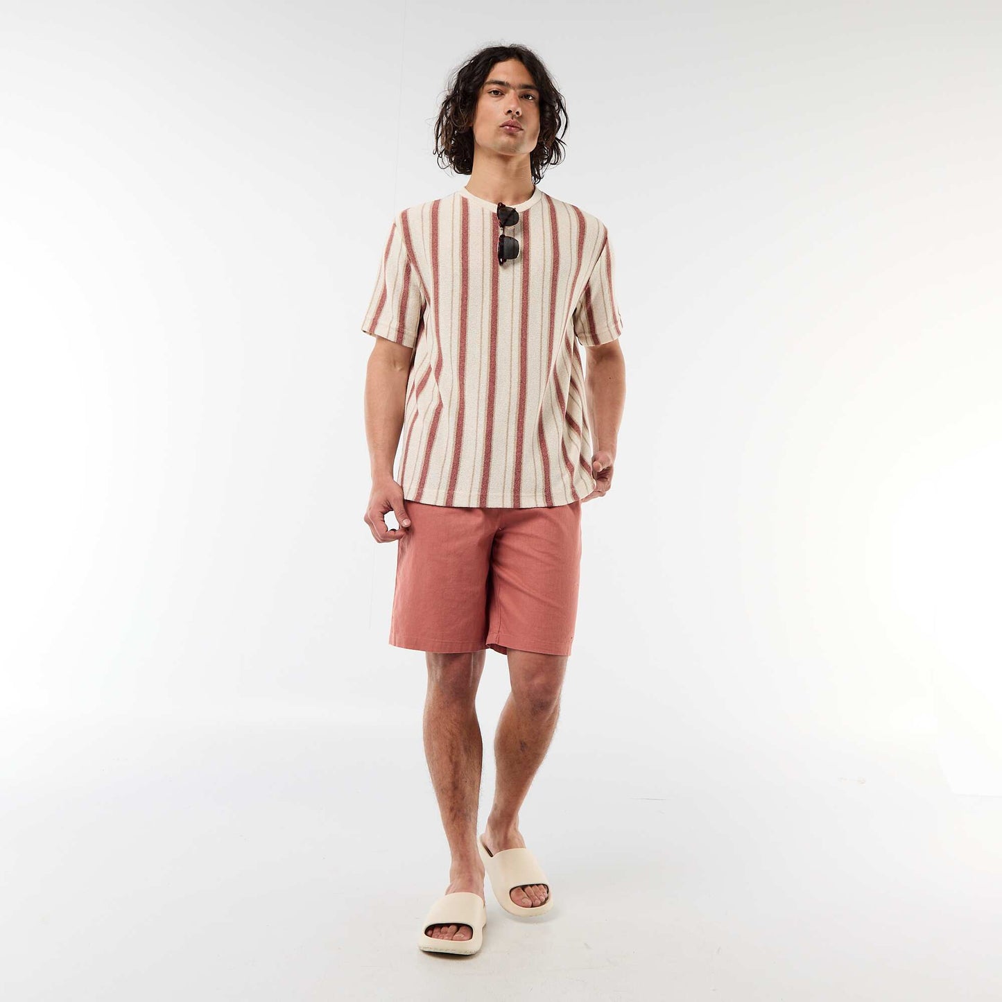 T-shirt en maille tricot à manches courtes BEIGE