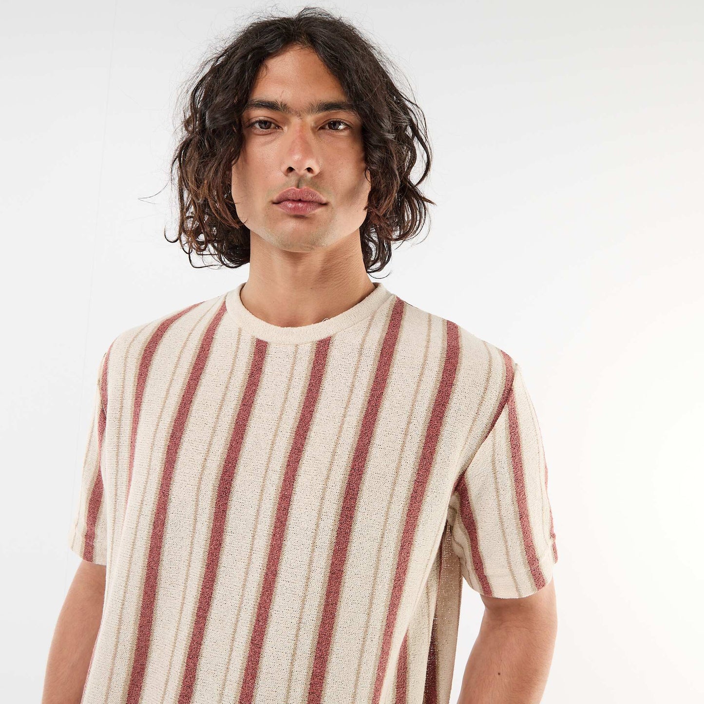 T-shirt en maille tricot à manches courtes BEIGE