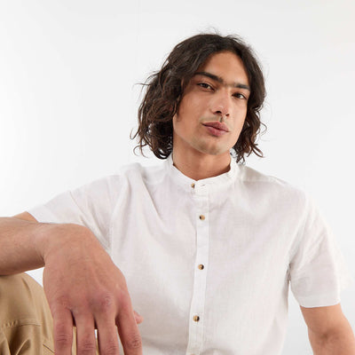 Chemise unie à manches courtes et col mao en lin mélangé BLANC