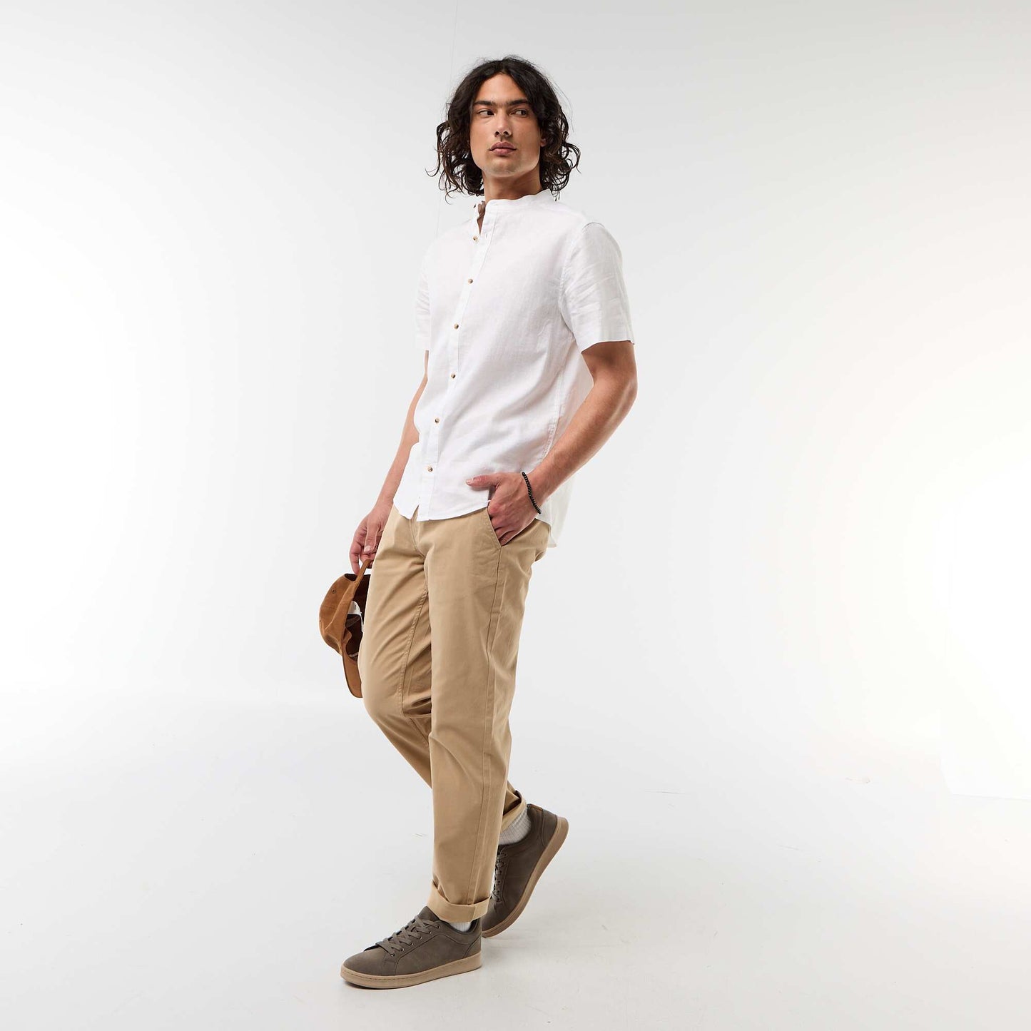 Chemise unie à manches courtes et col mao en lin mélangé BLANC