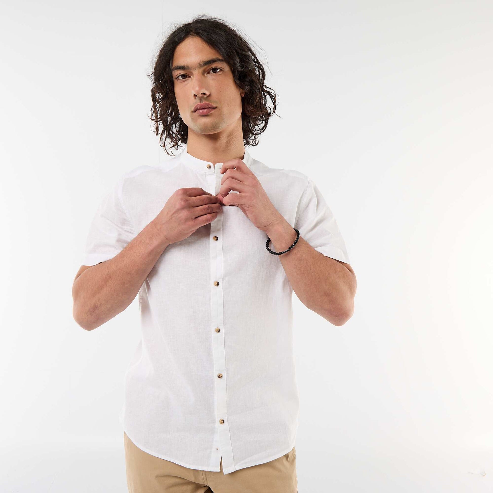 Chemise unie à manches courtes et col mao en lin mélangé BLANC