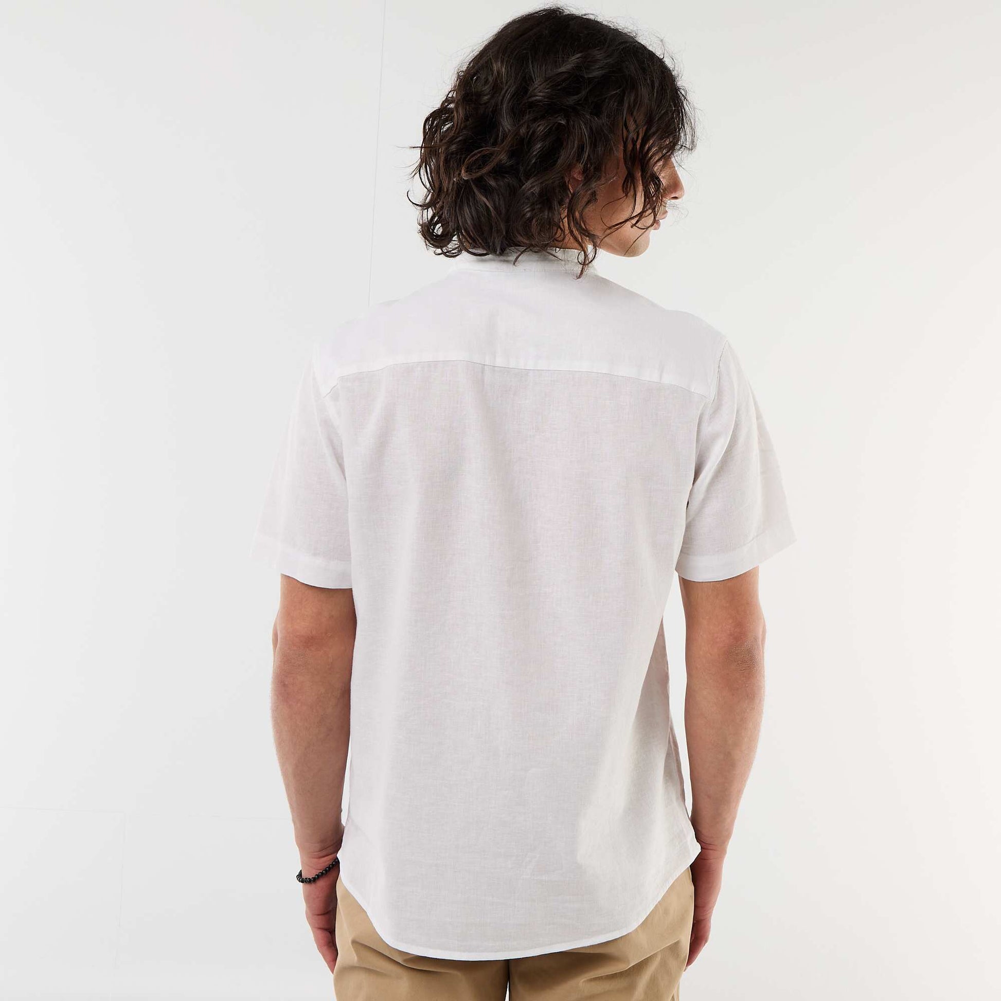 Chemise unie à manches courtes et col mao en lin mélangé BLANC