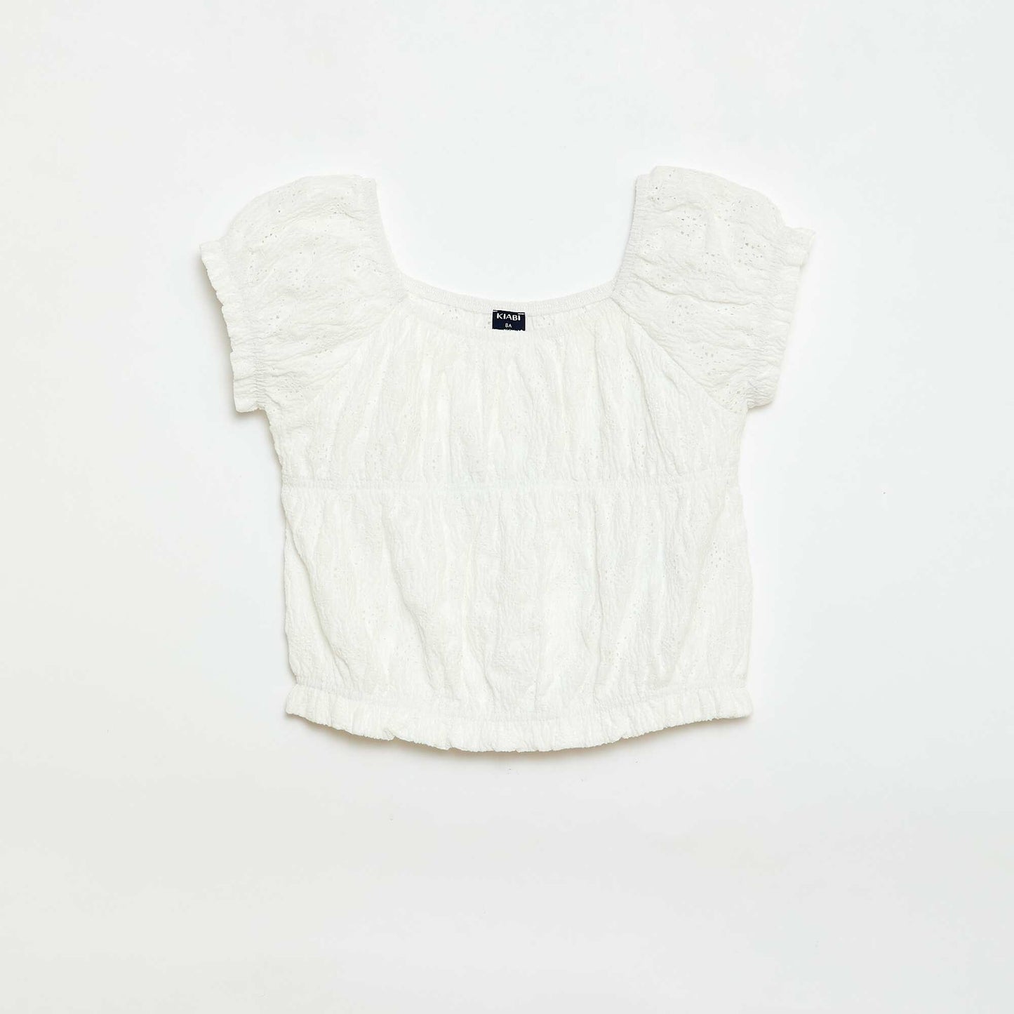 T-shirt effet smocké avec broderie en anglaise BLANC