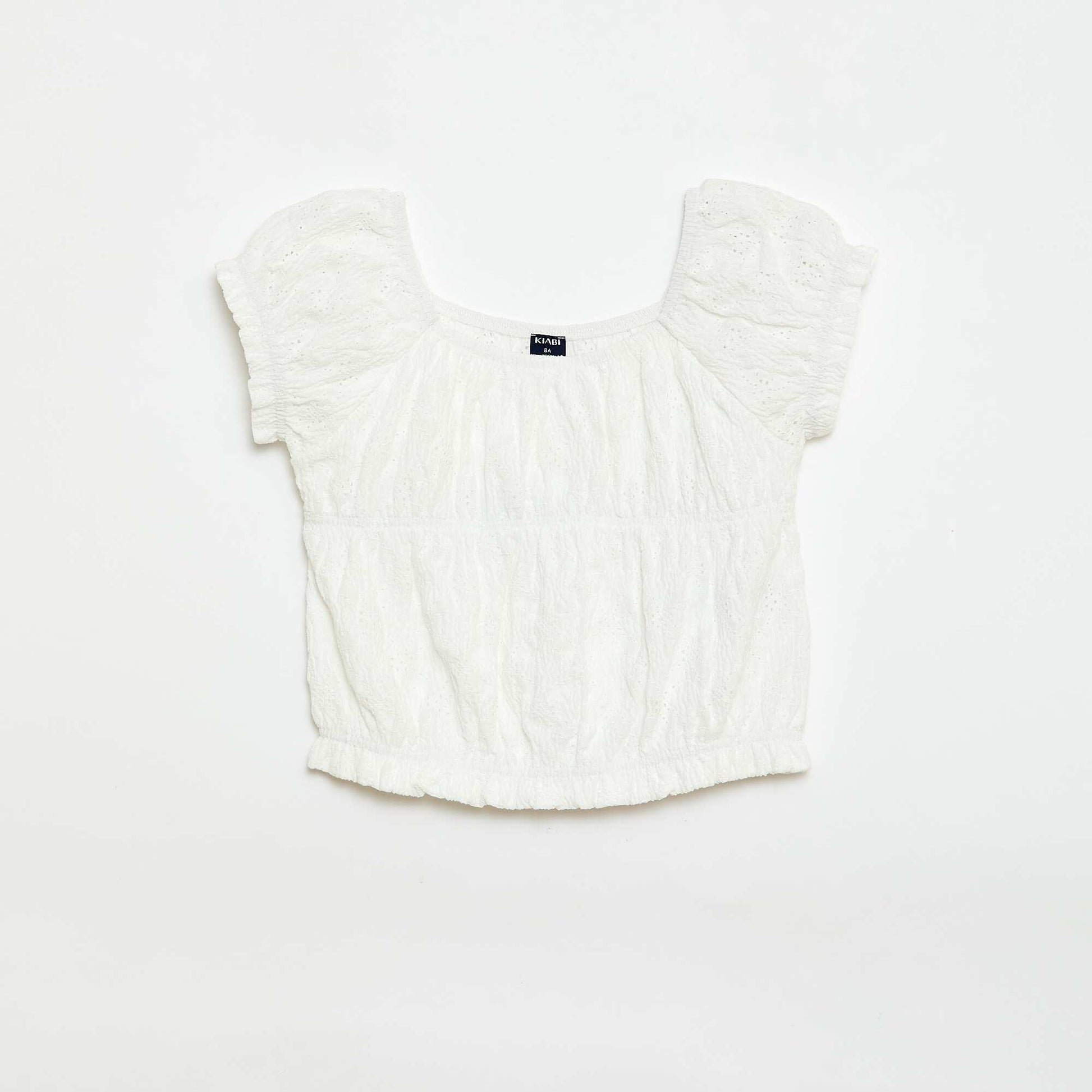 T-shirt effet smocké avec broderie en anglaise BLANC