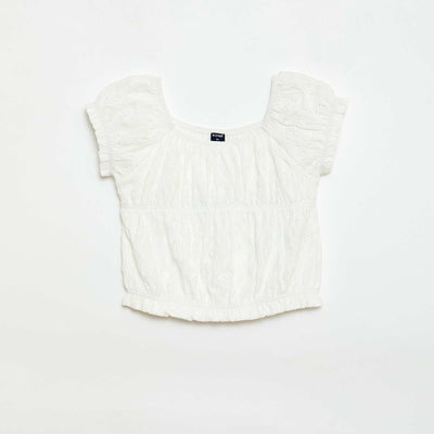 T-shirt effet smocké avec broderie en anglaise BLANC