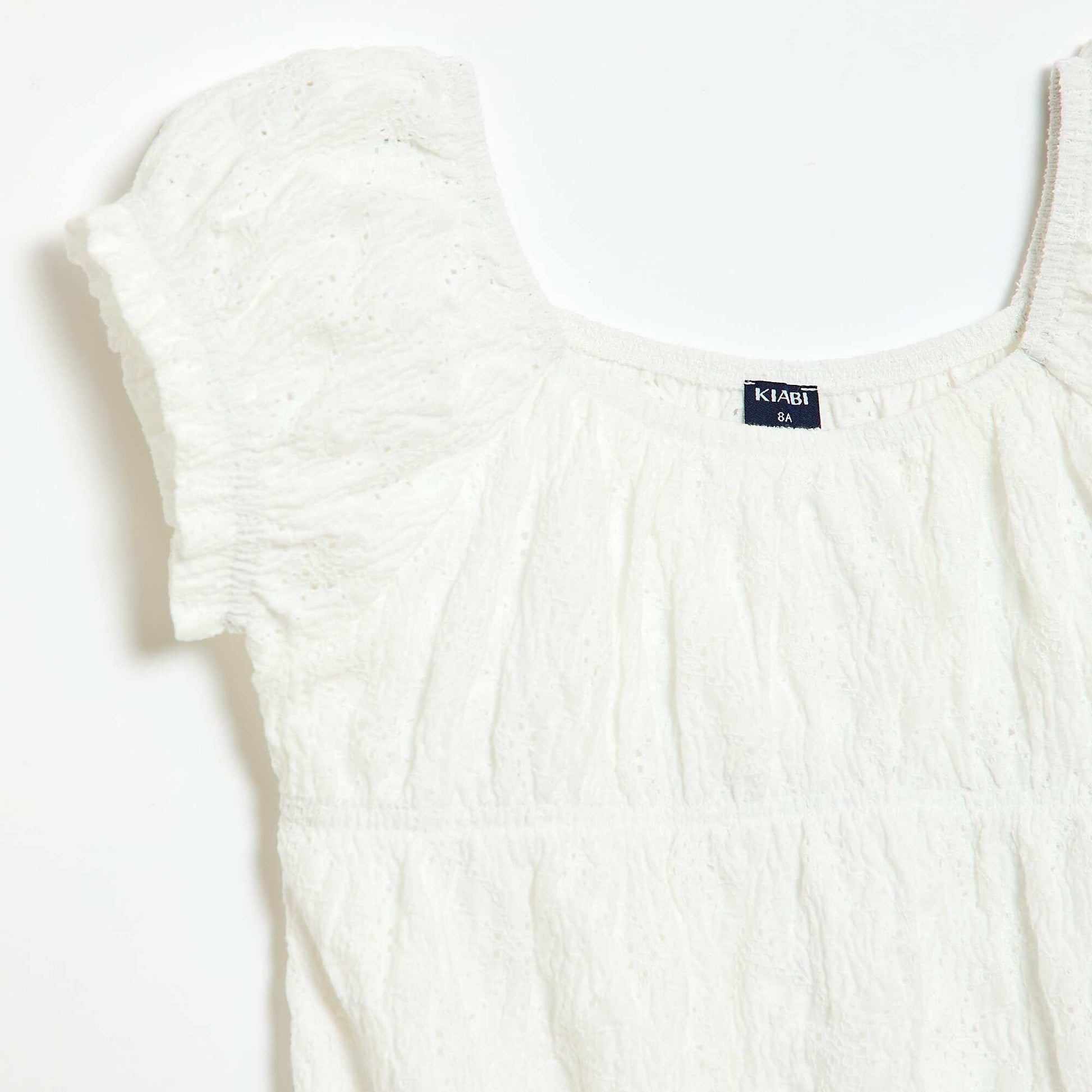 T-shirt effet smocké avec broderie en anglaise BLANC