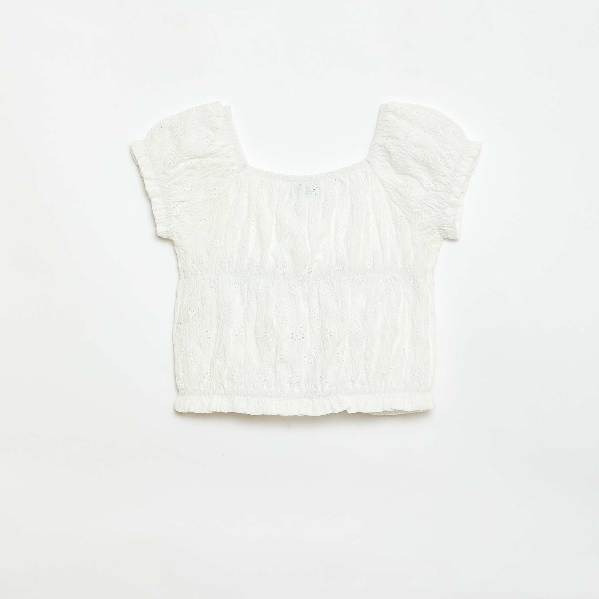 T-shirt effet smocké avec broderie en anglaise BLANC