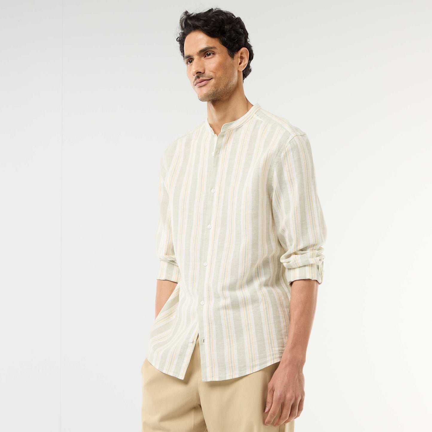 Chemise rayée col mao et manches retroussables VERT