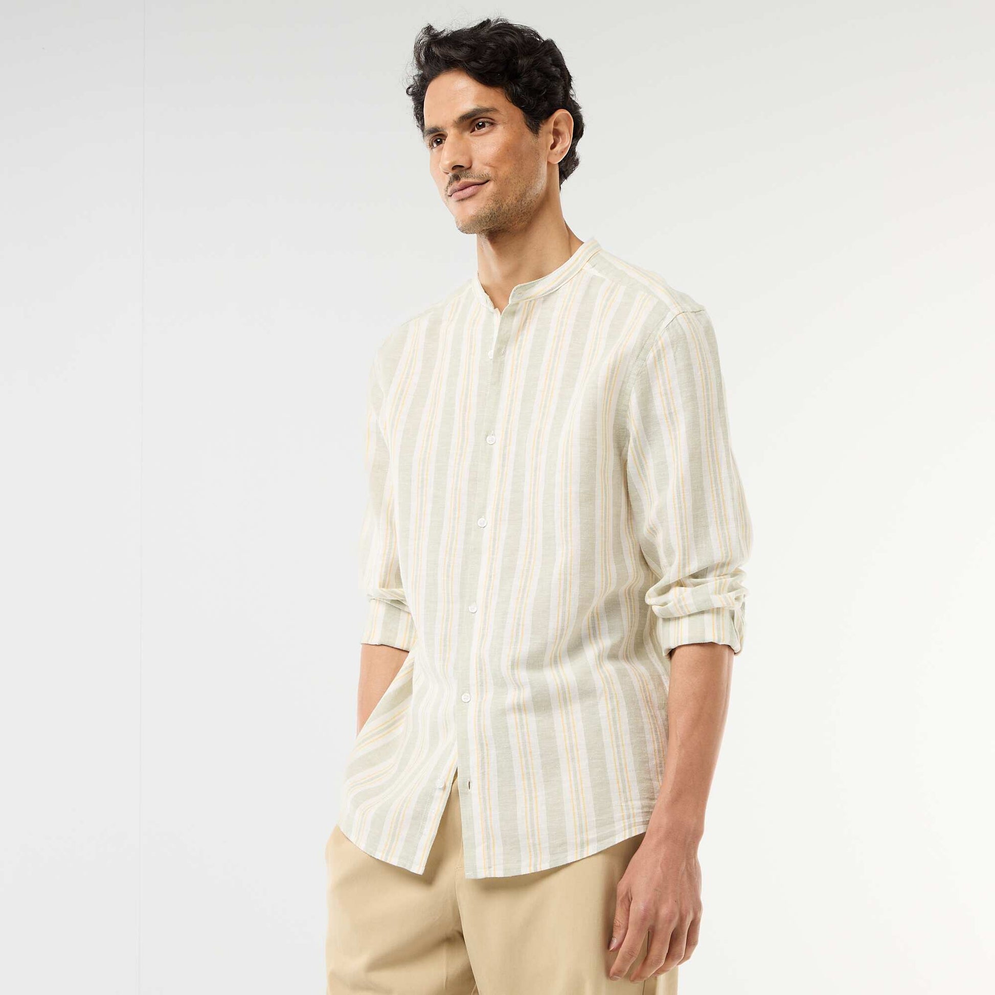 Chemise rayée col mao et manches retroussables VERT